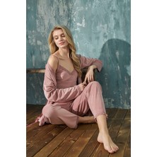 Mihra Homewear Kadın Crop Fransız Kadife Sabahlıklı Dantel Detaylı Bralet Pijama Takımı 3lü Set