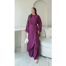 RFK Butik Kadın Önü Çapraz Belden Bağlamalı Pantolonlu Üç Parça Tesettür Takım - Mürdüm