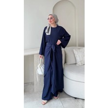 RFK Butik Kadın Önü Çapraz Belden Bağlamalı Pantolonlu Üç Parça Tesettür Takım - Lacivert