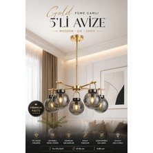 Elvora Home Modern (Premium) Gold Füme Camlı 5'li Salon Mutfak Yemek Odası Dekoratif Sarkıt Avize 5XE14 Duyulu Salon Yemek Odası Mutfak Oturma Odası Avizesi Modelleri