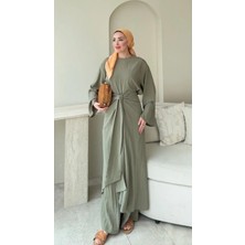 RFK Butik Kadın Önü Çapraz Belden Bağlamalı Pantolonlu Üç Parça Tesettür Takım - Haki