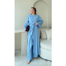 RFK Butik Kadın Önü Çapraz Belden Bağlamalı Pantolonlu Üç Parça Tesettür Takım - Mavi