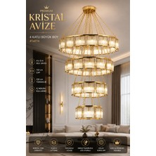 Elvora Home Modern (Premium) Lüks Gold Kristal Camlı 4 Katlı Büyük Boy Sarkıt Aydınlatma Avize Otel Hol Lobi Avizesi 41XE14 Duyulu