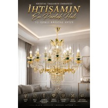 Elvora Home Modern (Premium) Yeşil Detaylı Klasik 12'li Gold Kristal Taşlı Avize Lüks Salon Oturma Odası Avizesi Modelleri 12XE14 Duyulu