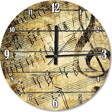 UltraNova Müzik Notaları Desenli Ahşap Duvar Saati, 50 cm Çap, Sanatsal Dekorasyon