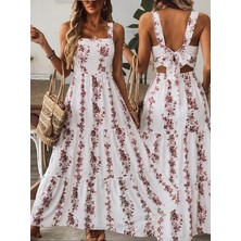 Defy Moda Kadın Askılı Kare Yakalı Sırttan Fiyonk Bağlama Detaylı Desenli Uzun Süprem Elbise