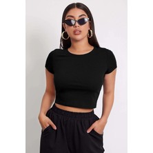 ALFA AKSESUAR 03 Kadın Siyah Yuvarlak Yaka Yarım Kol Crop Top Bluz