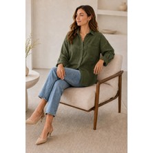 Exit Collection Kadın Haki Pamuklu Keten Gömlek - Oversize Salaş Uzun Kollu Cepli Kadın Tesettür Gömlek Overshirt