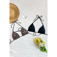 ALFA AKSESUAR 03 Kadın Leopar Desenli ve Siyah Minimal Kesim Üçgen Bikini Üstü
