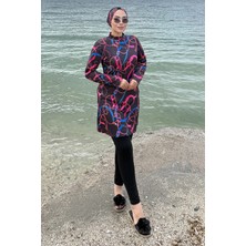 Hafsa Mina Zincir Desenli Tesettür Mayo Tam Takım Siyah HM2926