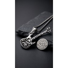 Roza Silver 925 Ayar Gümüş Erkek Kolye - Oksitli Alev Desenli Elektro Gitar Uçlu Tilki Kuyruğu Örgü Zincir