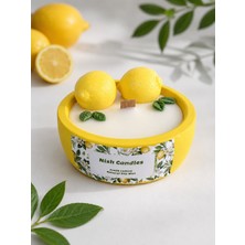Nish Candles Parlak Sarı Beton Saksıda Dekoratif Limon Süslemeli Ferah Limon Kokulu Soya Mum - Yaz Konseptli Renkli Hediye