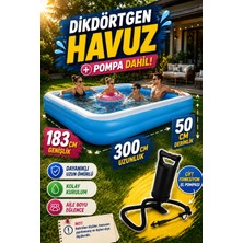 Hak-İş Oyuncak 300X183X50 cm Dikdörtgen Şişme Aile Havuzu | Tahliye Vanalı | 1087 Litre Kapasite | Mavi