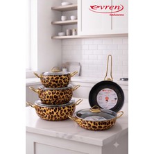 EVREN MUTFAK Evren, 9 Parça Sarı Leopar Tencere Seti Non-Stick Yapışmaz Taban