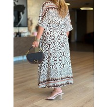 Valewoman Yarasa Kol V Yaka, Desenli Maxi Elbise