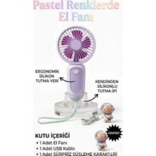 Dinç Pastel Renkli Taşınabilir Mini Şarjlı El Fanı - Ergonomik Silikon Tutma Yerli / Kendinden Silikon Ipli /sürpriz Karakter Süslemeli