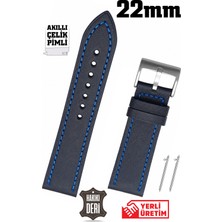Saatse 22MM Lacivert Mavi Dikişli Spor Hakiki Deri Saat Kordonu Kayış Akıllı Pimli