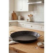 EVREN MUTFAK 28 cm Gold Stone Paella Kulplu Tepsi, Non-Stick, Yapışmaz Taban (Gold Çelik Kulp)