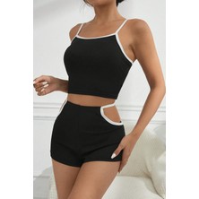 Gesa Store Kadın Siyah Beyaz Şortlu Cut-Out Detaylı Gecelik Takımı H110470 - GESA552150-8283