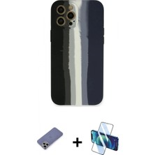 Marsilyan™- iPhone 12 Pro Kılıf Yadigar Çizgi - Siyah 3D Antistatik Cam Ekran Koruyucu + Metal Kamera Lens Koruma Cam - Gd