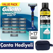 Gillette Mach3 Sport 1 Makine+17 Tıraş Bıçağı + 300 ml Köpük +Çanta Hediye