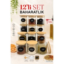 Naturelove 12'li Baharat Takımı 12'li Çizgili Cam Baharatlık Seti – 350 ml Bambu Kapaklı Vakumlu Baharat Saklama Kavanozu Etiketli