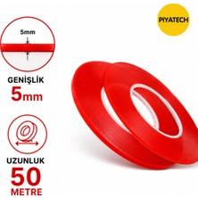 Piyatech Kırmızı Şeffaf Çift Taraflı Silikon Bant 5 mm x 50 Metre Güçlü Montaj Bandı