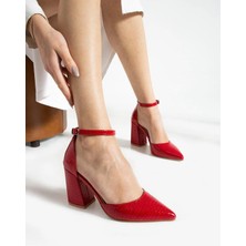 La Limar Golden Heel 8,5 cm Kırmızı Yılan Derisı Desenli Kalın Topuk  Stiletto Topuklu Ayakkabı