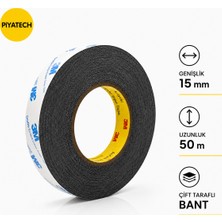 Piyatech 3m Scotch Çift Taraflı Bant 15 mm x 50 Metre Güçlü Yapıştırıcı Siyah Akrilik Bant Ekran Cam Kasa Kapak Tamir Bandı