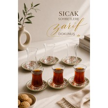 Zuri Design 6'lı Cam Çay Bardağı ve Desenli Porselen Çay Tabağı Seti Yeşil Kırmızı Desen 12 Parça