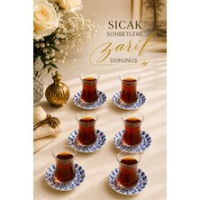 Zuri Design Royal Blue 6 Kişilik Cam Çay Bardağı ve Porselen Çay Tabağı Seti 12 Parça