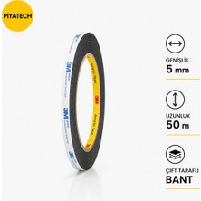 Piyatech 3m Scotch Çift Taraflı Bant 5mm x 50 Metre Güçlü Yapıştırıcı Siyah Akrilik Bant