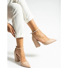 La Limar Golden Heel 8,5 cm Nude Kalın Topuk Bilekten Bağlamalı Stiletto Topuklu Ayakkabı