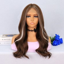 Maxi Trendy Kumral Önlerde Platin Işıltılı Dalgalı Tül Peruk