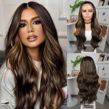 Maxi Trendy Koyu Kestane Karamel Işıltılı Fiber Sentetik Geniş Dalgalı Tül Peruk