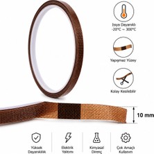 Piyatech Ptfe Isıya Dayanıklı Yapışkan Bant 10 mm x 10 M Teflon Cam Elyaf Bant 300°C