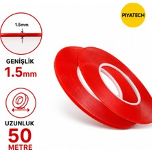 Piyatech Kırmızı Şeffaf Çift Taraflı Silikon Bant 1.5 mm x 50 Metre Güçlü Montaj Bandı