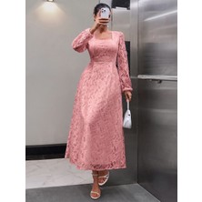 Mass Fashion Kadın Kare Yaka Dantel Detaylı Uzun Elbise