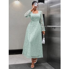 Mass Fashion Kadın Kare Yaka Dantel Detaylı Uzun Elbise