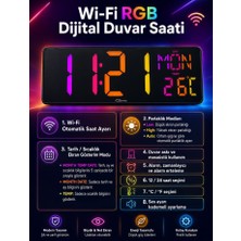 Loyka WİFİ150 Rgb Renkli Büyük Ekranlı Dijital Duvar Saati | Sıcaklık ve Gün Gösterimi