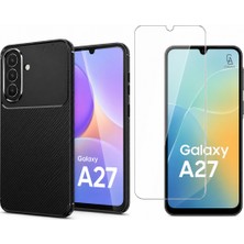 Coolacs Samsung Galaxy A27 Uyumlu Karbon Tasarım Silikon Telefon Kılıfı ve Temperli Cam Ekran Koruyucu