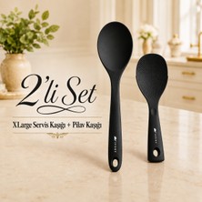 Ivory Silikon Xl Large Servis Kaşığı ve Pilav Kaşığı 2'li Set Yapışmaz Tencere Uyumlu Isıya Dayanıklı Mutfak Servis Seti Ivory Sariva Home
