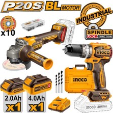 Ingco Li-Ion Kömürsüz Akülü 2'li Kombo Set Matkap ve Avuç Taşlama 20V 2.0/4.0 Ah
