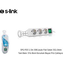 S-Link SPG-F03 1.5m 306 Joule Flat Soket 3g1.0mm Tam Bakır 3 Lü Akım Korumalı Priz Çoklayıcı