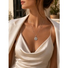 Adata Jewelry Çelik Zirkon Taşlı Yuvarlak Çiçek Model Oval Montür Kadın Kolye Gümüş Renk