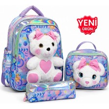 Çantam Gelsin Kız Çocuk Ilkokul Çantası 3’lü Set Peluş Detaylı Sırt Çantası Beslenme Çantası Kalemlik
