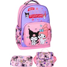 Çantam Gelsin 3’lü Ilkokul Kuromi Melody Baskılı Pembe, Kız Çocuk Beslenmeli ve Kalemlikli Okul Çantası