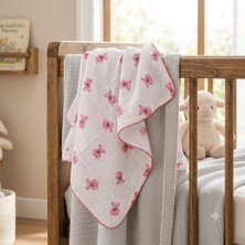 Erca Home Tekstil Ürünleri 2 Katlı Müslin Örtü Pembe Ayıcık  Desenli 80X90 cm - %100 Pamuk - Bebek Müslin Örtü Pembe Kız