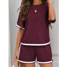 Defy Moda Kadın Kısa Kollu Bisiklet Yaka Şerit Detaylı Viskon Iki Iplik Bluz ve Kısa Short Ikili Takım
