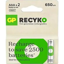 Gp Recyko 650MAH Aaa Şarj Edilebilir Ince Kalem Pil 2'li
